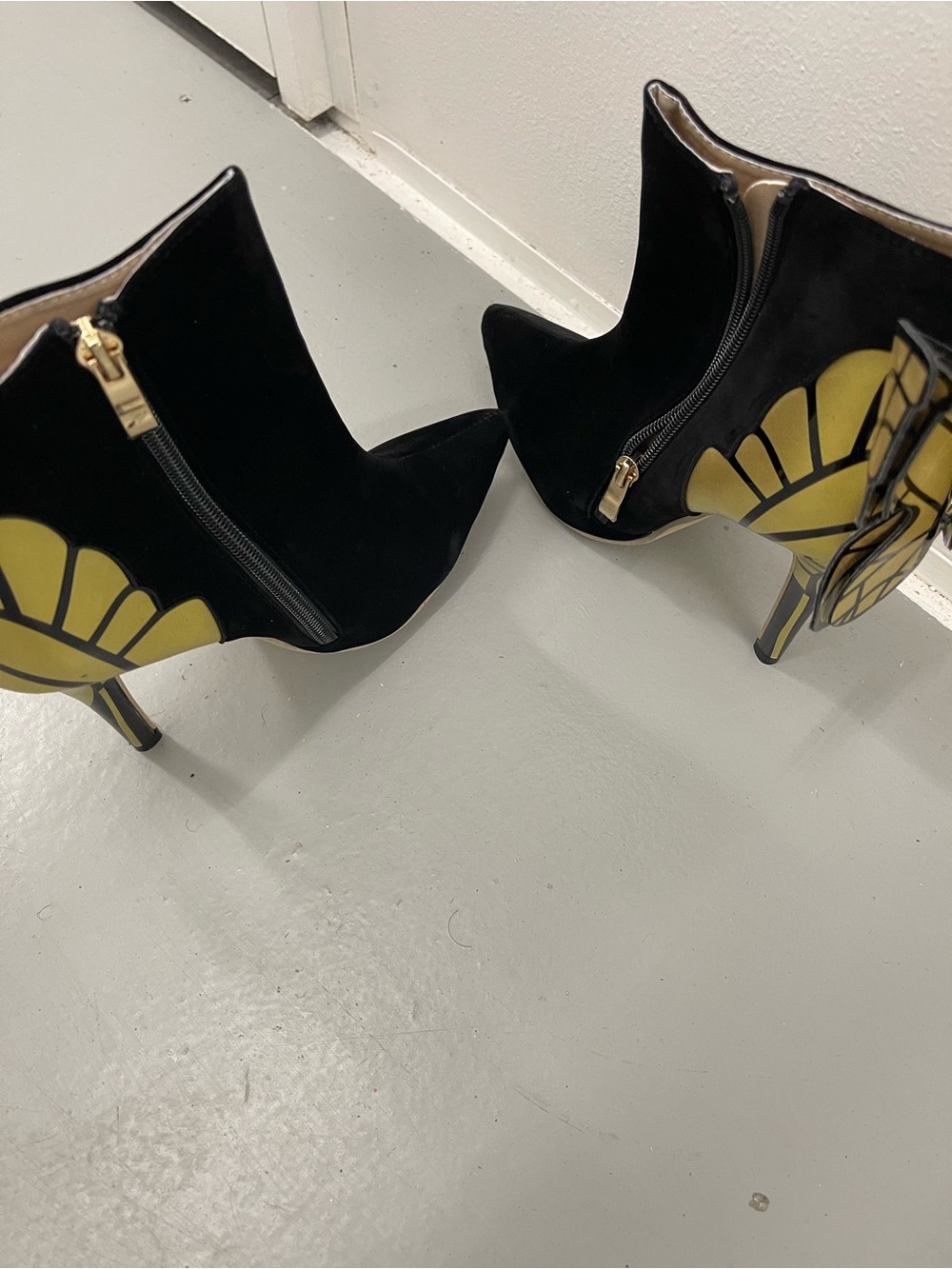 Black Suede Ankle Boots with Yellow Heel Accent 4 inch Heels